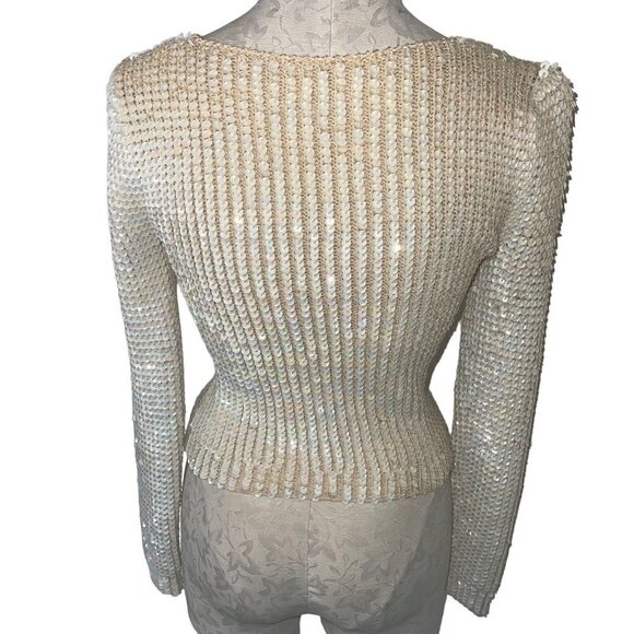 Sequin Vintage Womens Sweater Size Small Cream Knit Long Sleeve Scoop Neck - Picture 10 of 11
